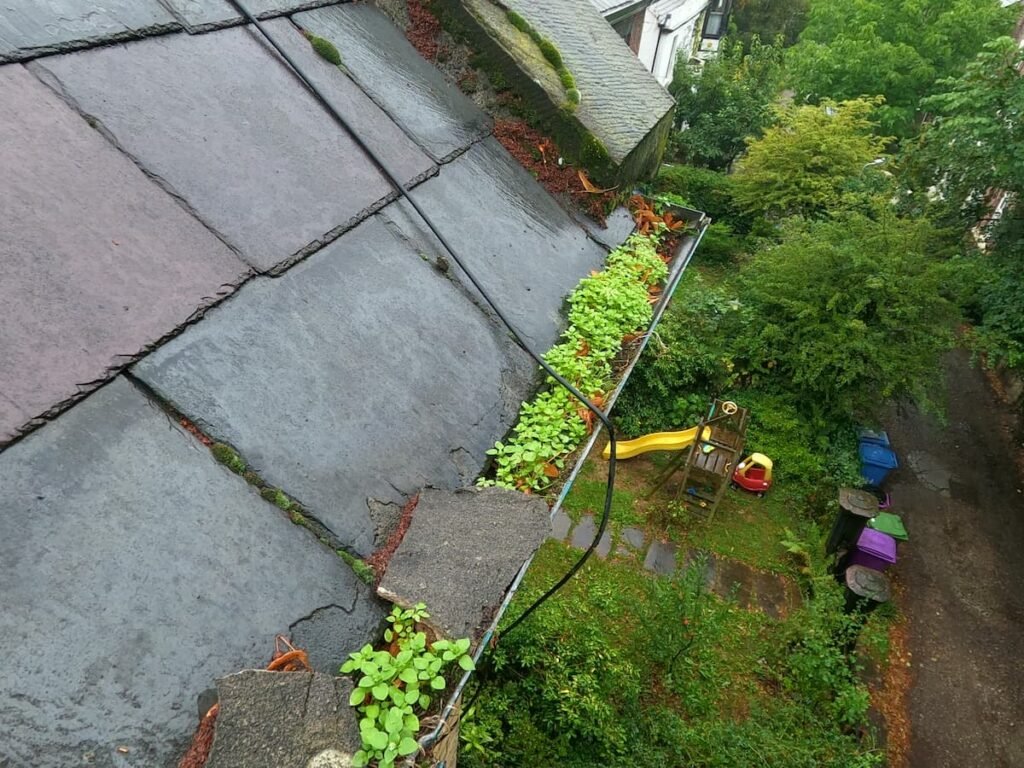 Blocked gutter high above the ground on a hard-to-reach home