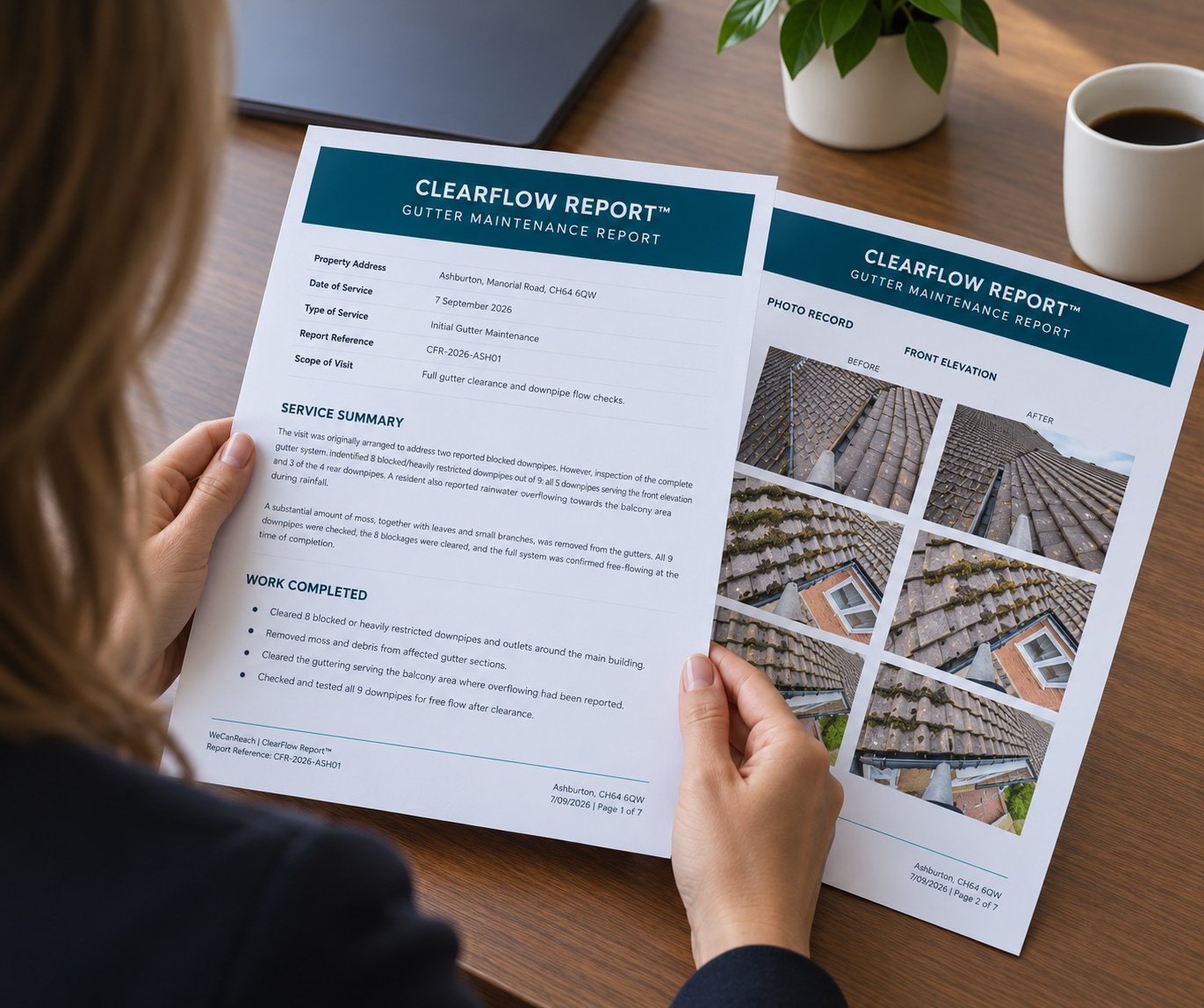 Property manager reviewing a ClearFlow Report with photographic evidence of gutter maintenance
